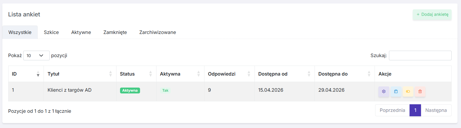 Lista ankiet z filtrami statusów, liczbą odpowiedzi i datami