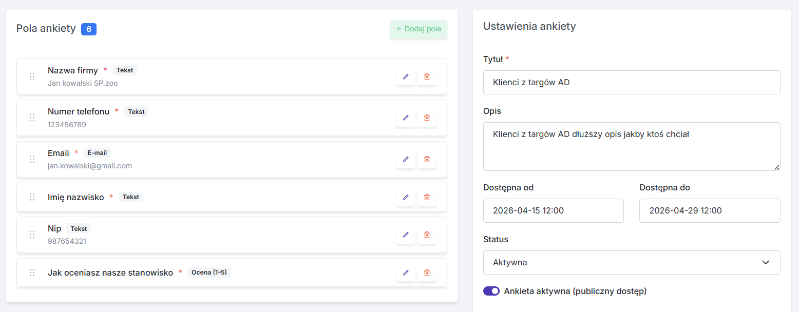 Builder ankiety - lista pól z drag & drop i ustawienia