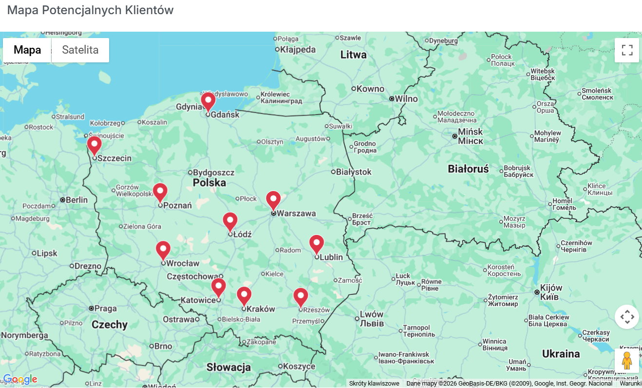 Mapa potencjalnych klientów z pinami na mapie Polski