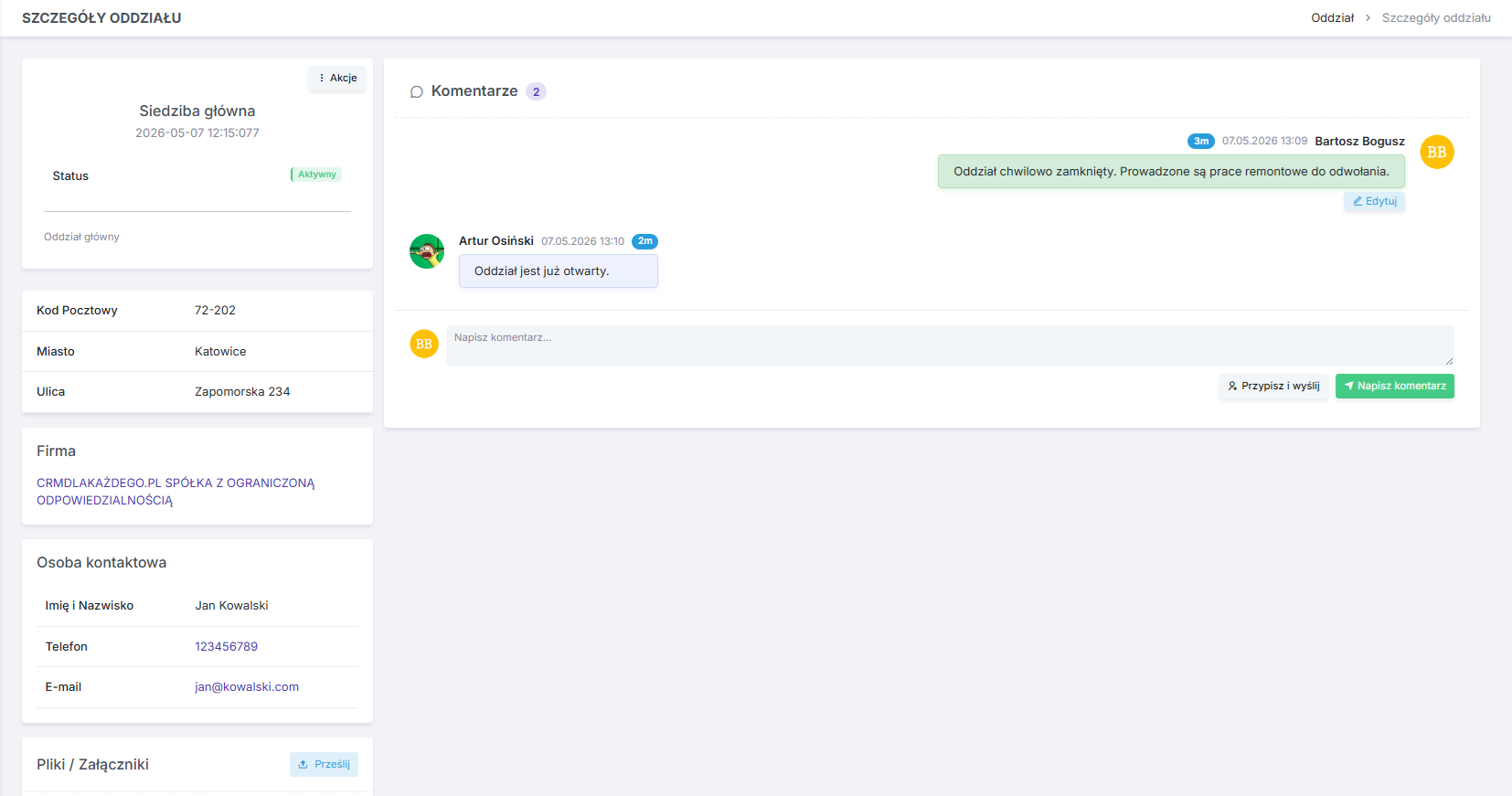 Szczegóły oddziału w Basic CRM