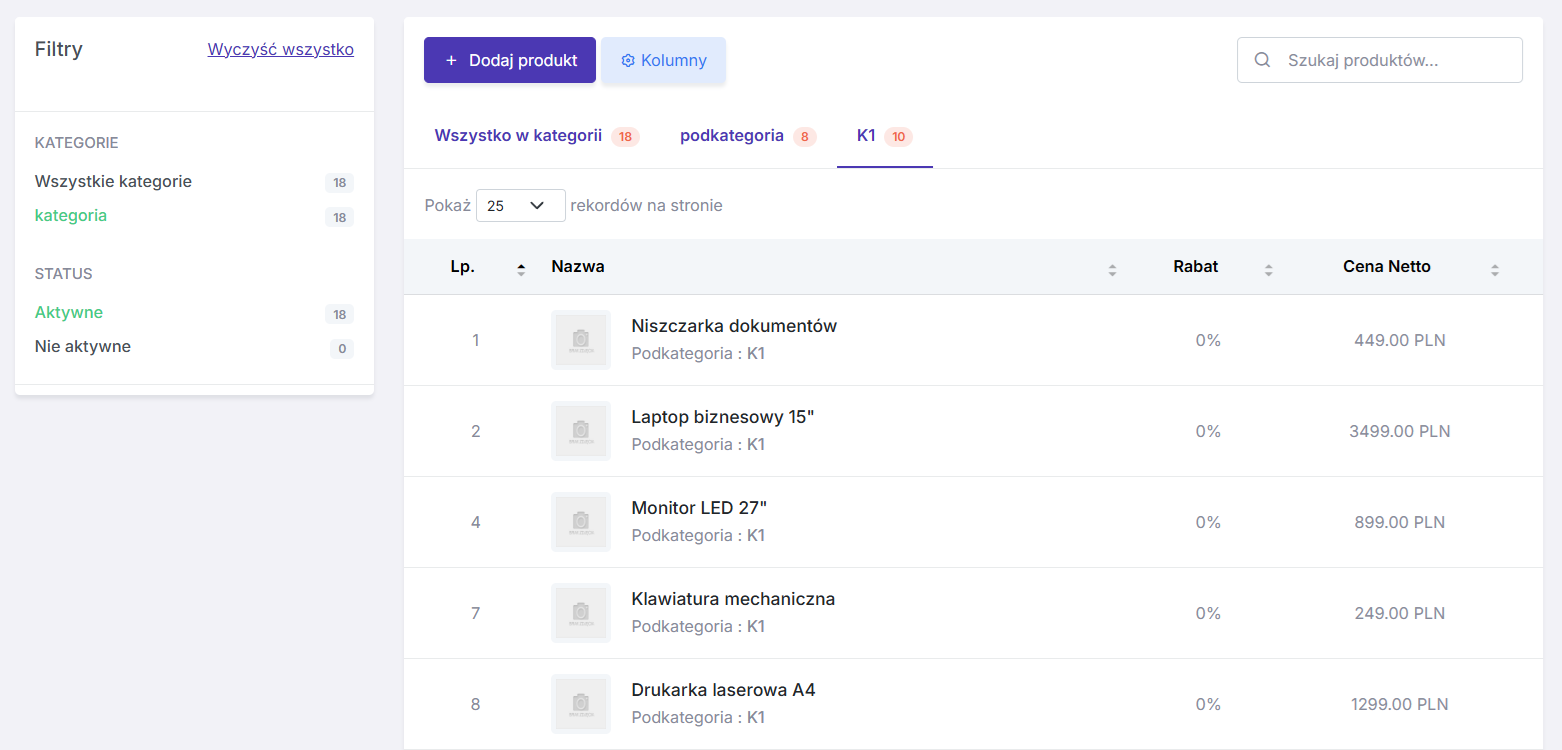 Lista produktów w Basic CRM