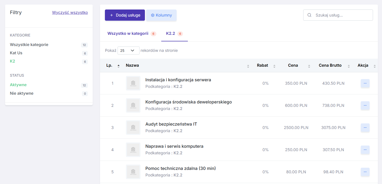 Lista usług z cenami netto i brutto