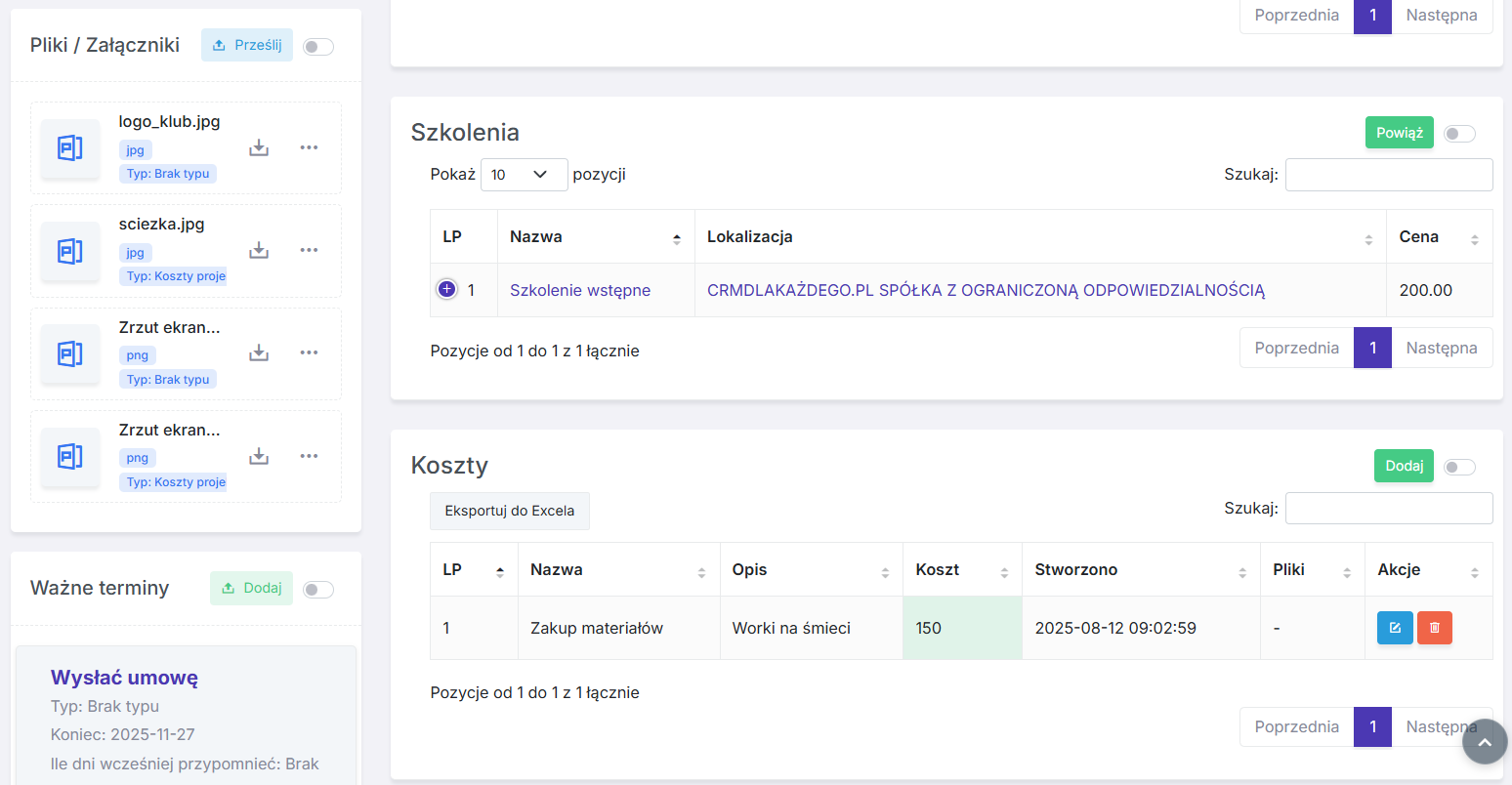 Dolna część karty projektu: pliki, ważne terminy, szkolenia i koszty