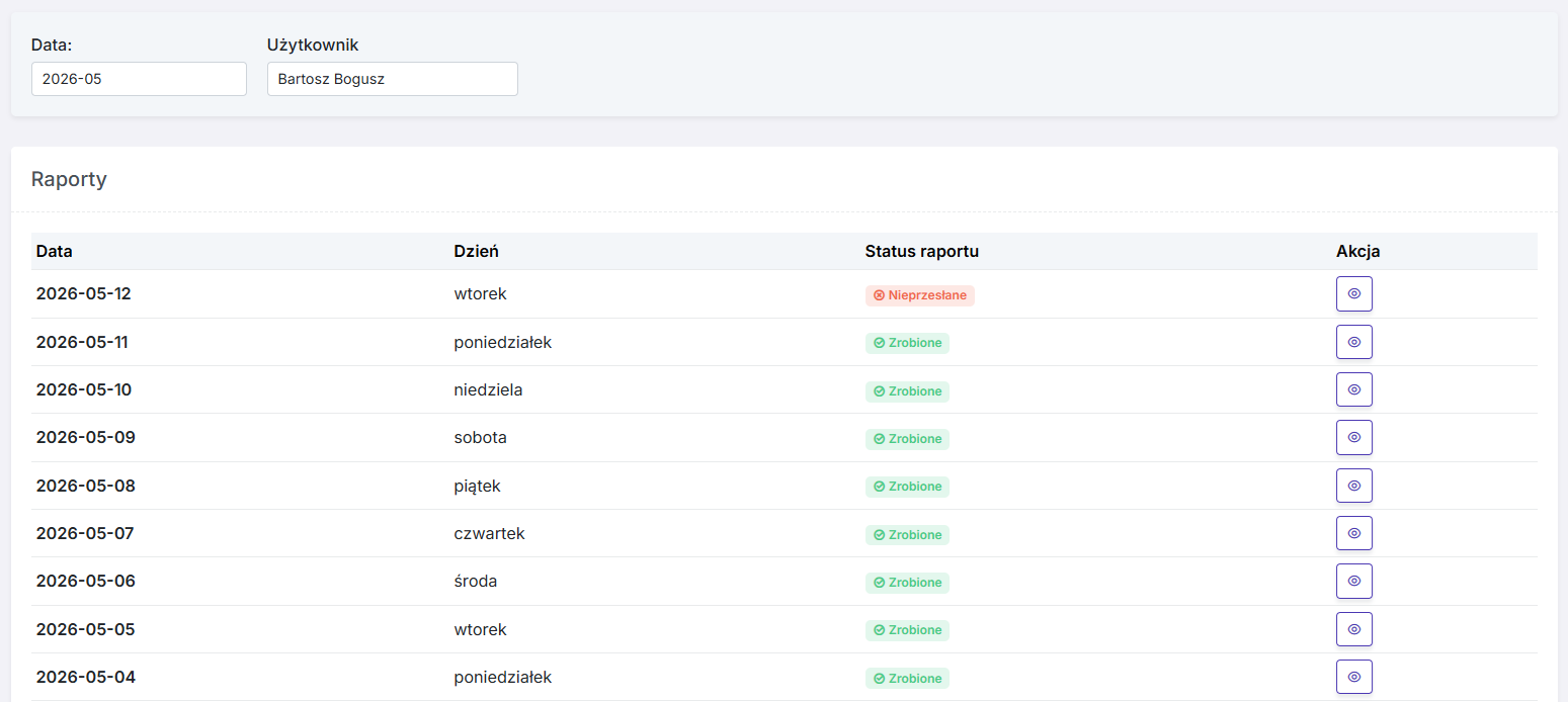 Lista dni z raportami w Basic CRM