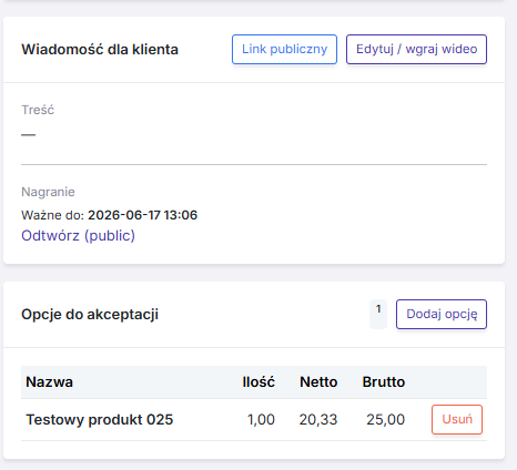 Formularz wiadomości do klienta z dodatkowymi opcjami płatnymi