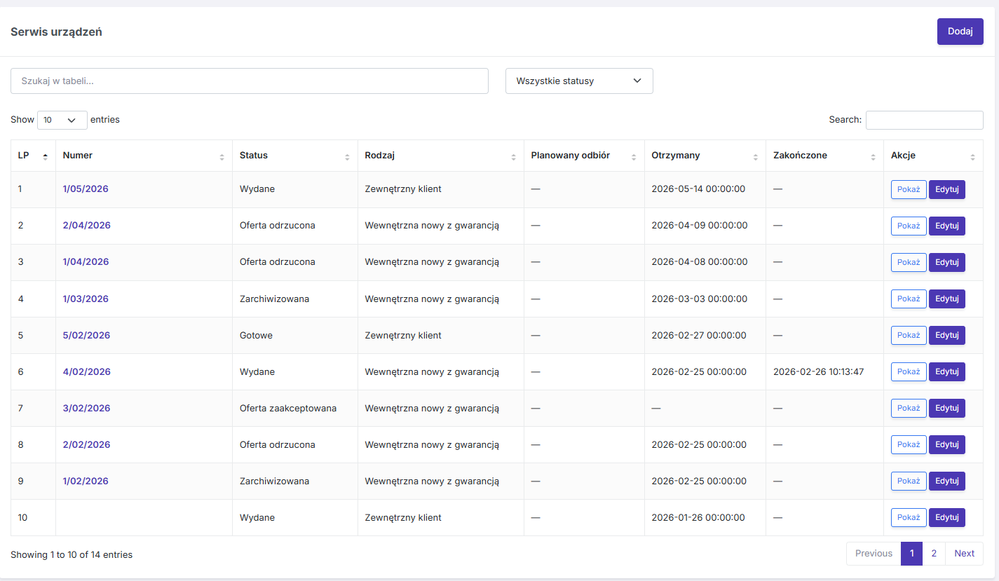 Lista zleceń serwisowych w Basic CRM