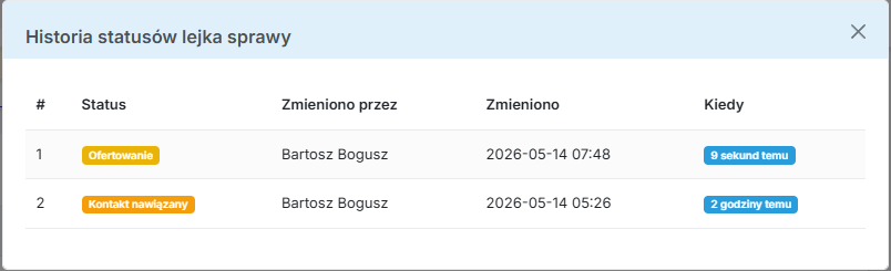 Modal z historią zmian statusów sprawy - autor, data i czas względny
