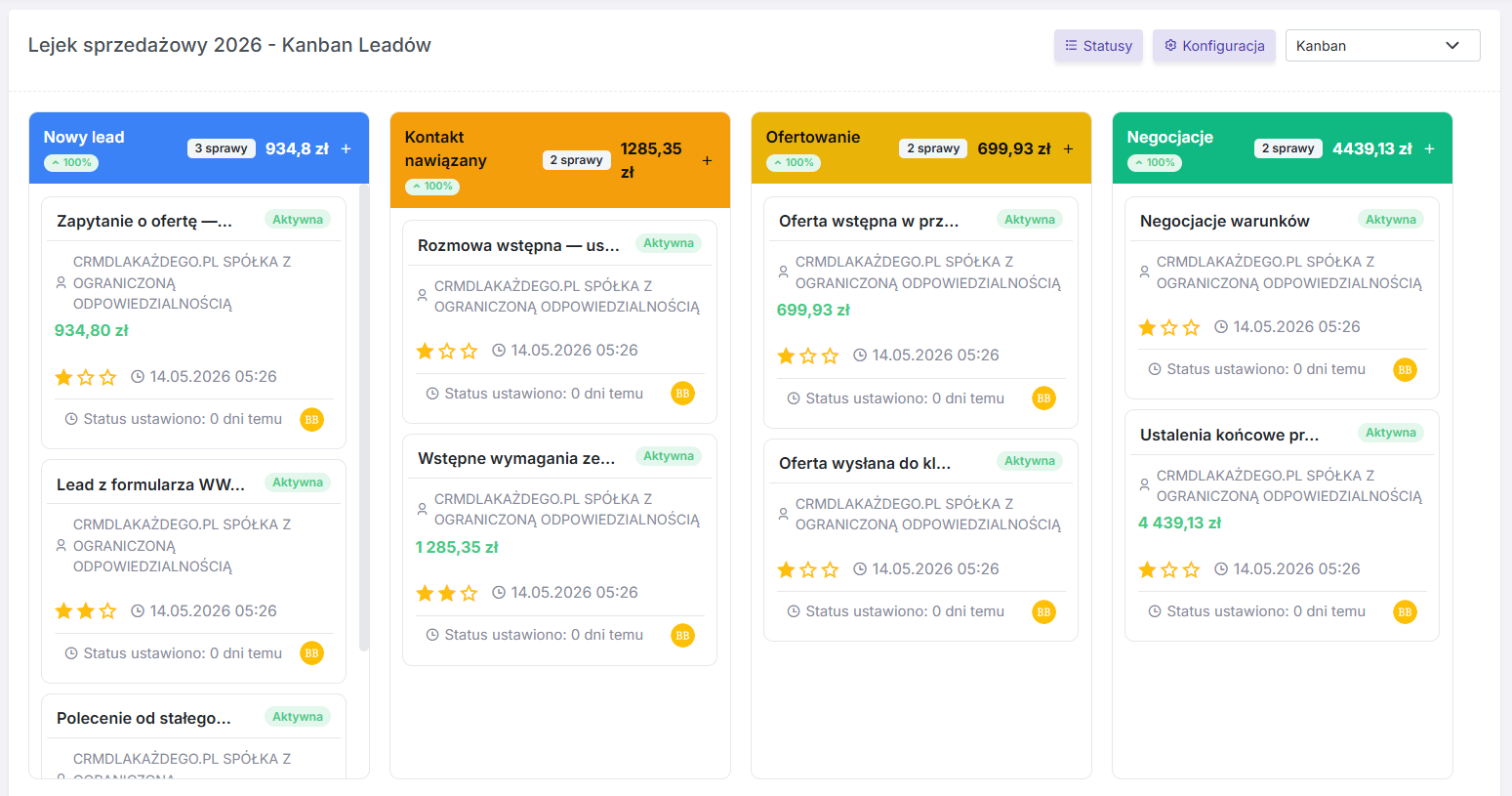 Kanban lejka sprzedażowego z kolorowymi statusami w Basic CRM