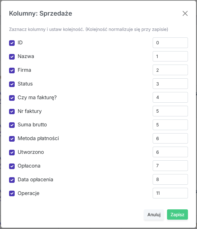 Modal konfiguracji kolumn tabeli sprzedaży