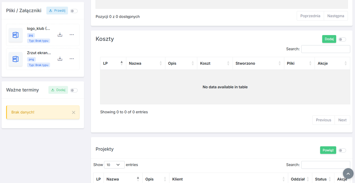 Dolna część karty szkolenia: pliki, ważne terminy, koszty i powiązane projekty