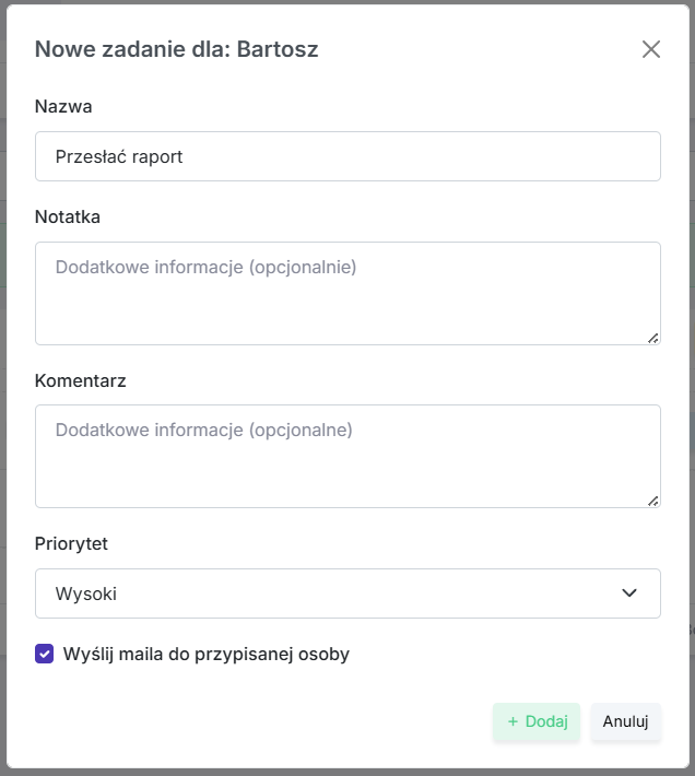 Modal tworzenia nowego zadania w kanbanie