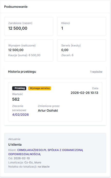 Karta szczegółowa urządzenia z danymi technicznymi i statusem