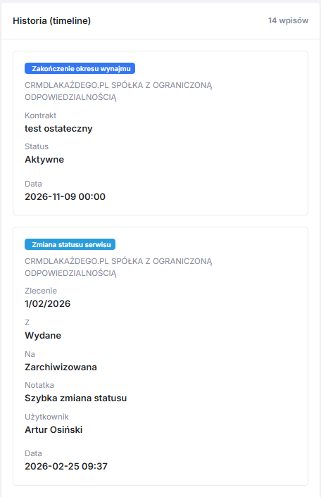 Oś czasu zdarzeń urządzenia z ikonami