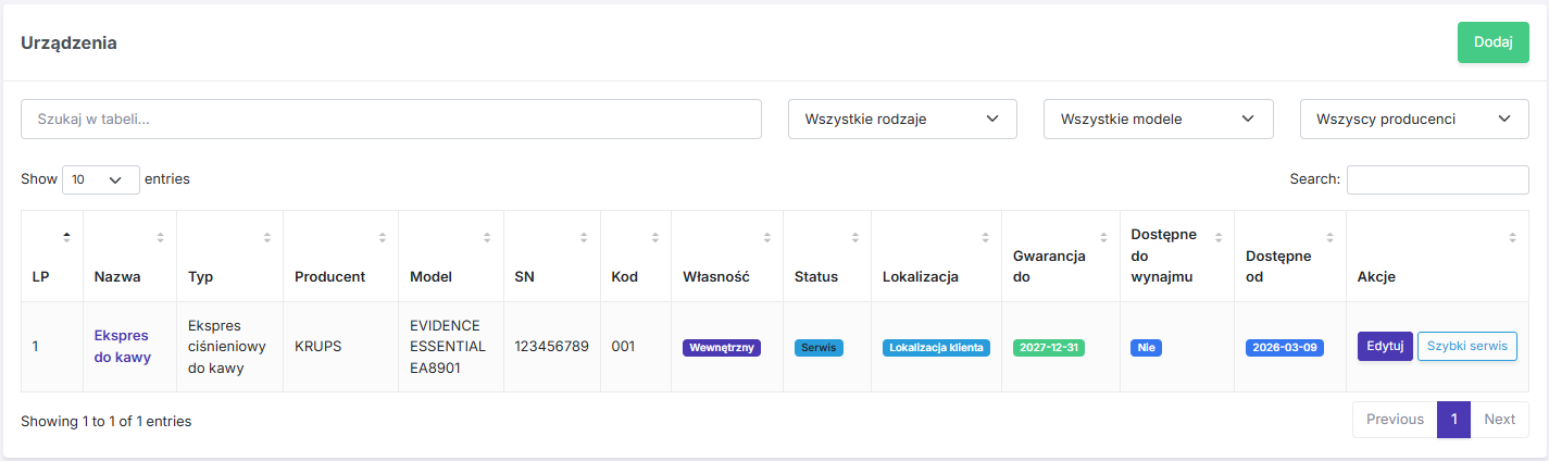 Lista urządzeń w Basic CRM z filtrami i statusami