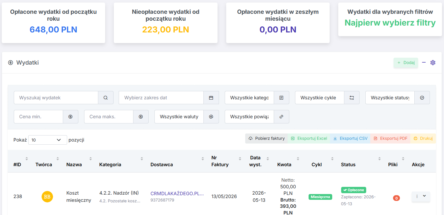 Lista wydatków firmowych z statystykami i filtrami w Basic CRM