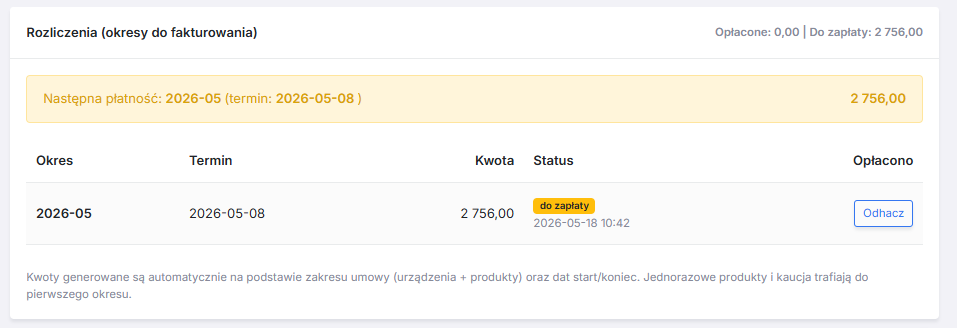 Rozliczenia miesięczne umowy z toggle Opłacone
