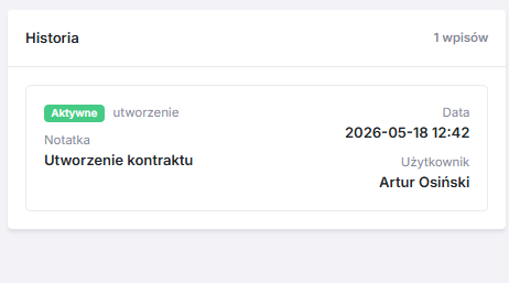 Historia statusów umowy z osią czasu i autorami zmian