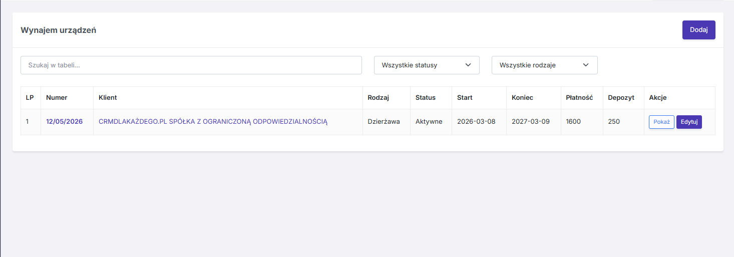Lista umów najmu i dzierżawy w Basic CRM